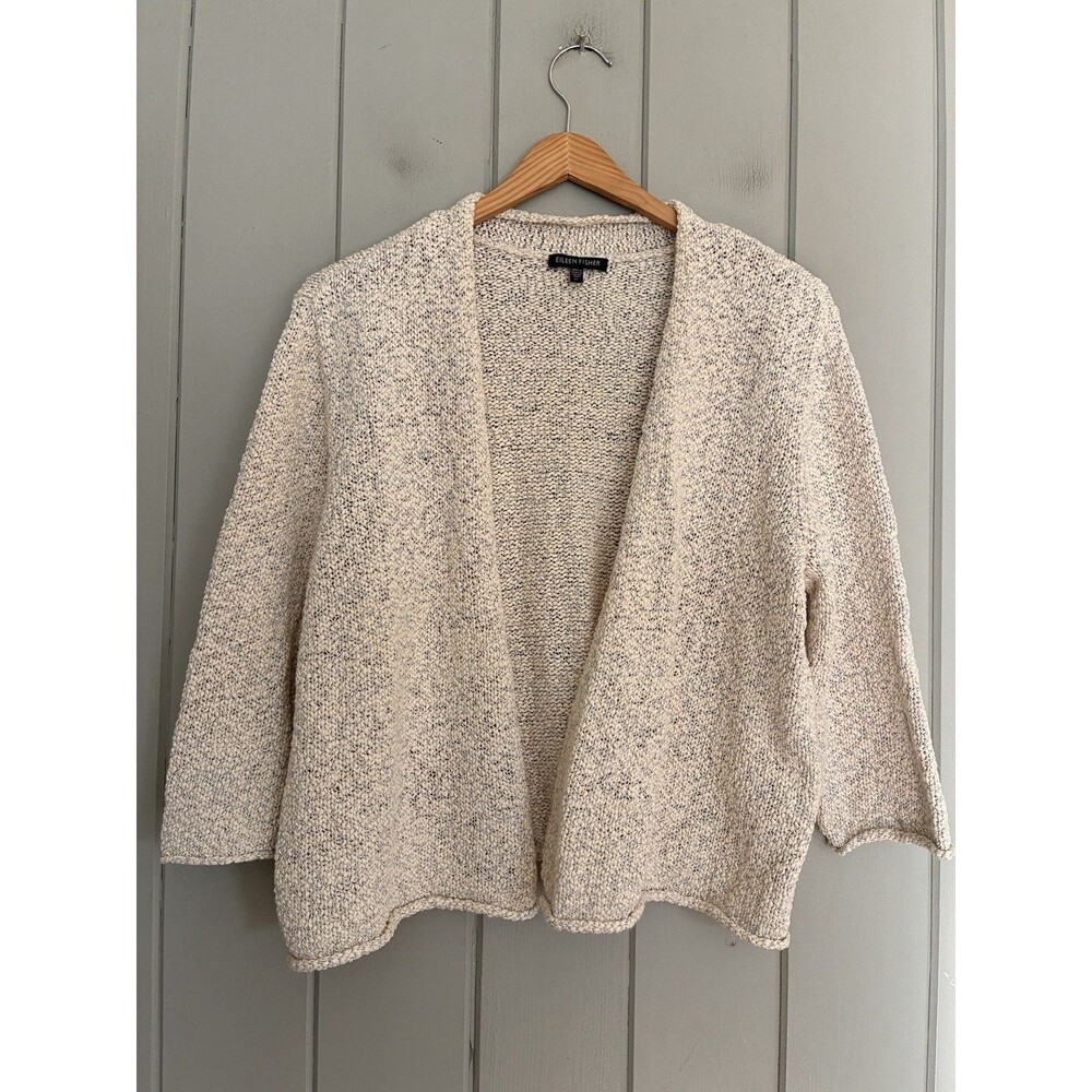 Eileen Fisher Sweater XL Cotton Nubbie Cardigan Open Front 3/4 Sleeve Ivory